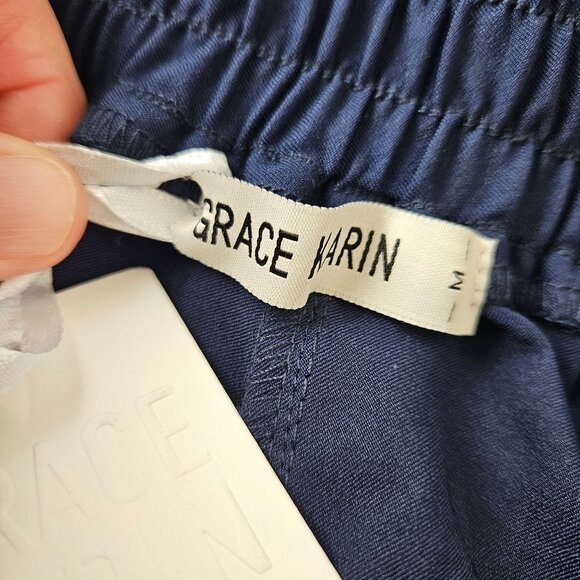 Grace Karin Womens High Waist Pants Size Medium Belt Fold-Up Leg Opening Navy - Picture 11 of 11